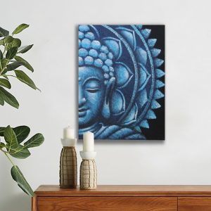 A striking half‑Buddha portrait set against a detailed mandala, rendered in deep blues and soft gradients for a calm, meditative presence