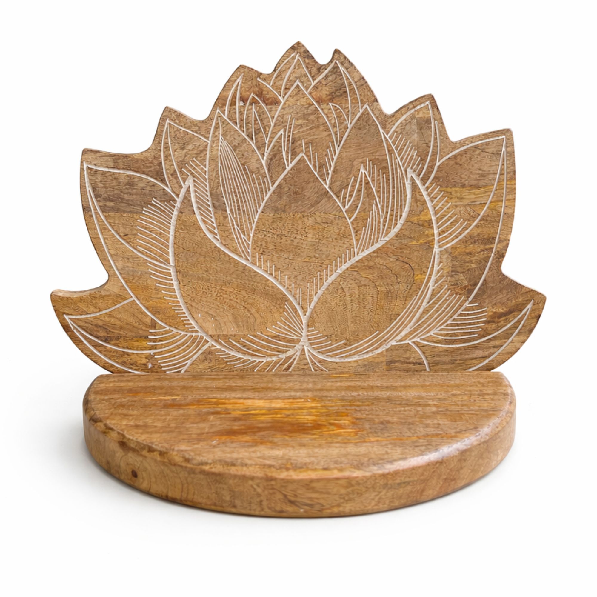 Lotus Flower Wall Shelf – Whitewashed Carved Wood - Image 2