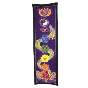 A tall, hand‑finished batik banner featuring a flowing dragon motif framed by the seven chakra symbols.