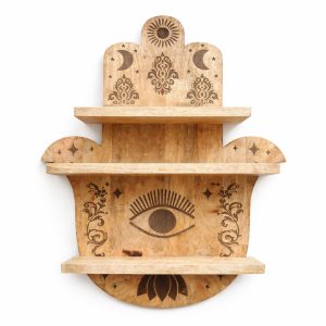 Hamsa Shaped Wall Shelf – Natural Carved Wood