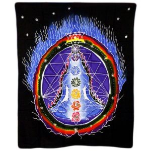 A wide, hand‑crafted batik banner featuring interconnected chakra symbols arranged across natural fabric.