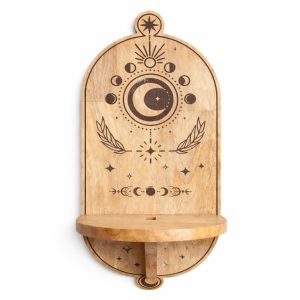 Moon Phase & Tree Motif Wall Shelf – Carved Wood