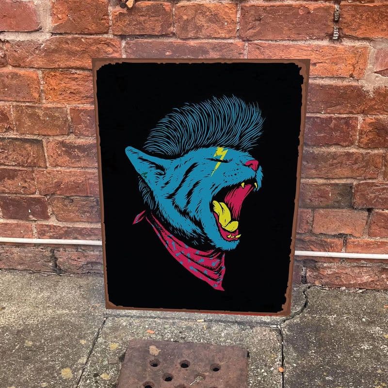 Punk Rock Cat Blue Bowie Lightening Bolt fine art metal wall sign
