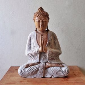 Decorative Carved Wooden Buddha Statue Whitewash - 30cm Welcome
