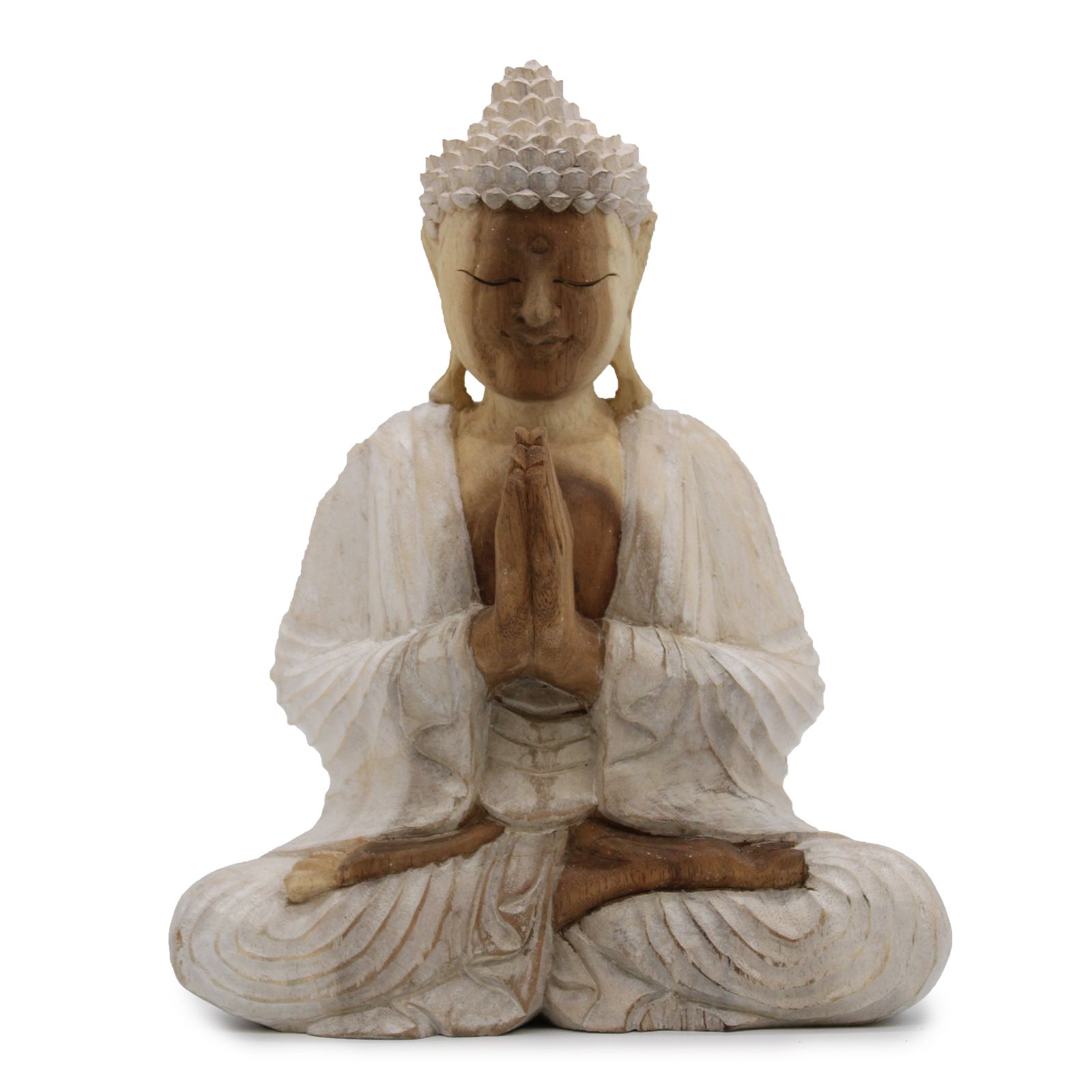 Decorative Carved Wooden Buddha Statue Whitewash - 30cm Welcome - Image 3