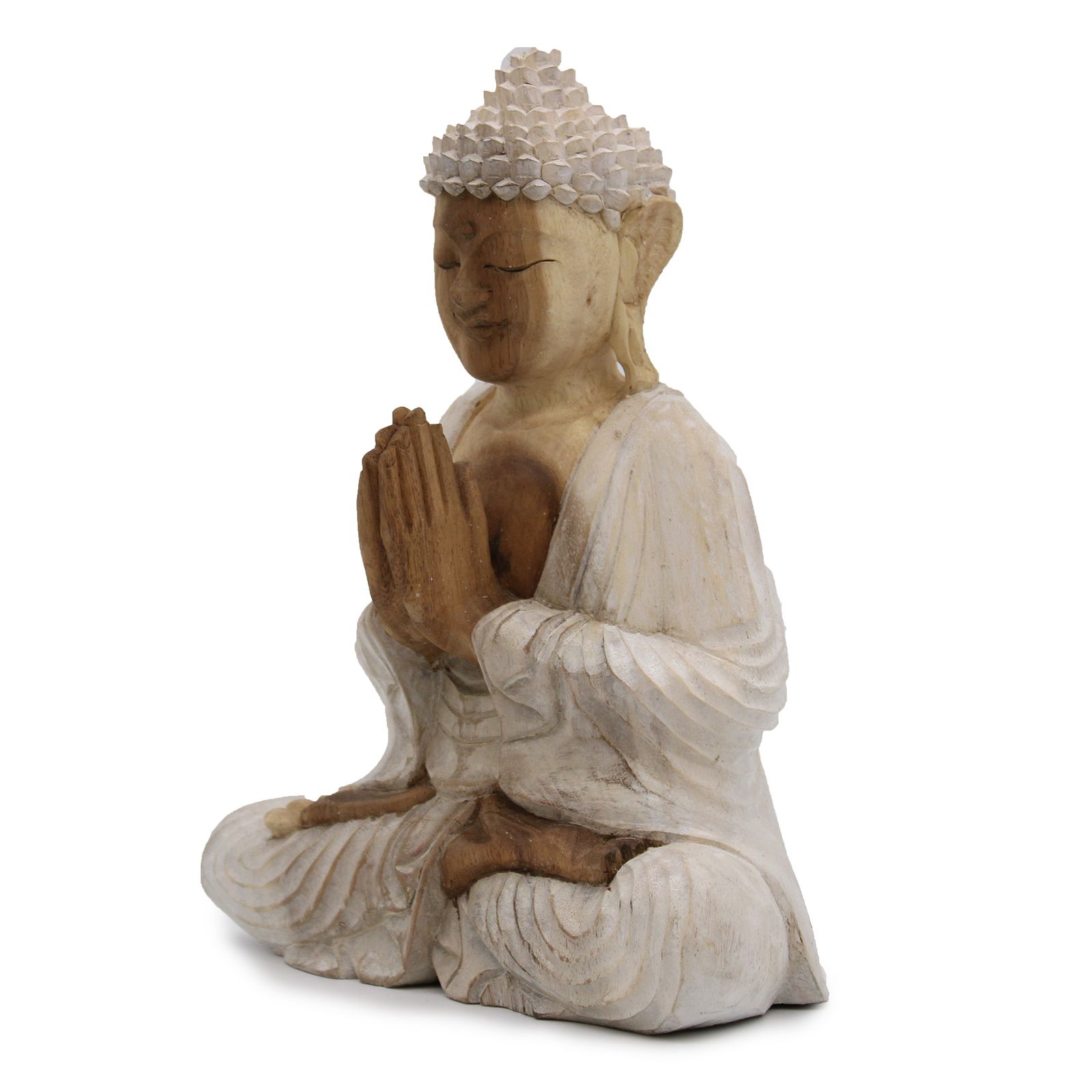 Decorative Carved Wooden Buddha Statue Whitewash - 30cm Welcome - Image 2