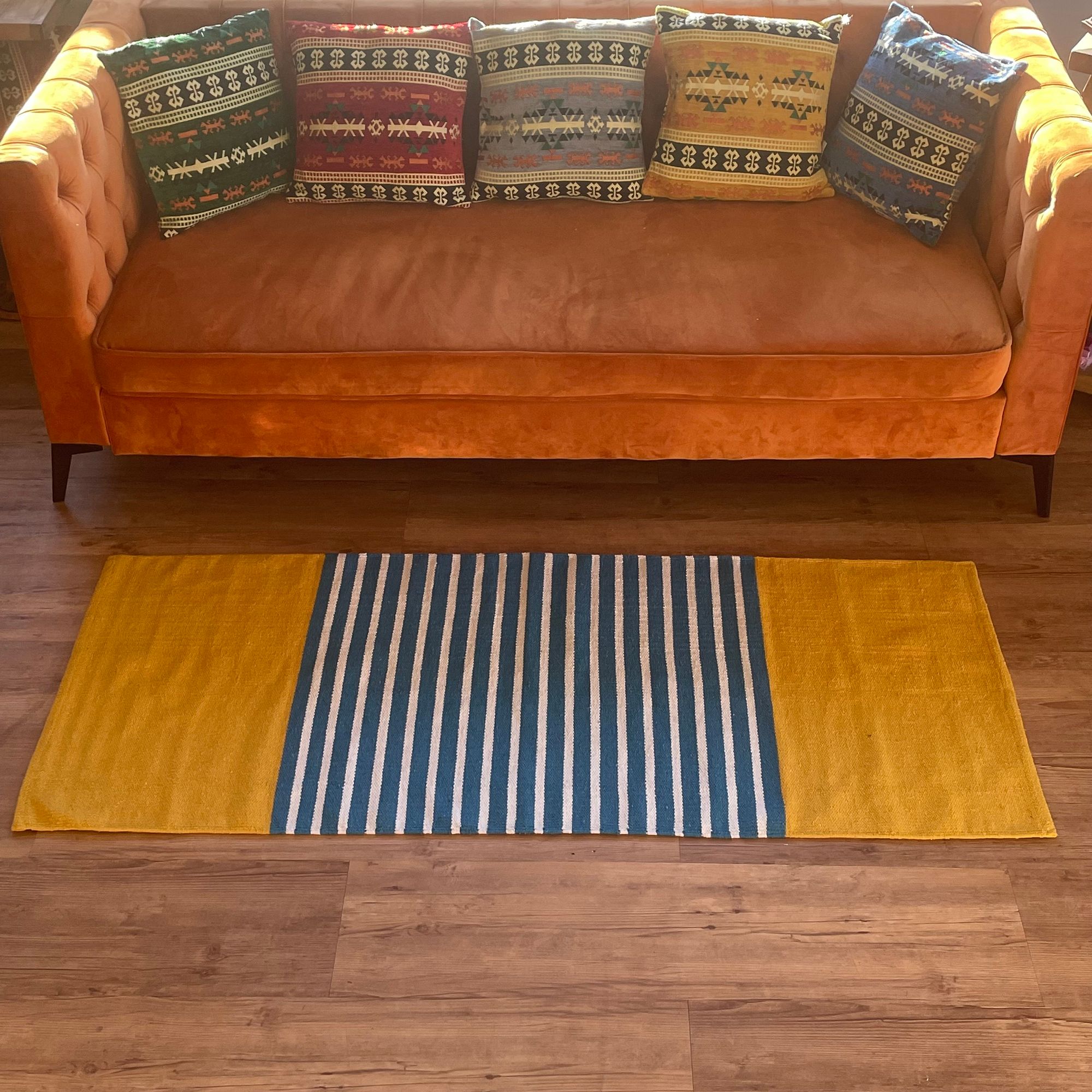 Decorative Indian Cotton Rug Wall hanging- 70x170cm - Yellow/ Blue - Image 5