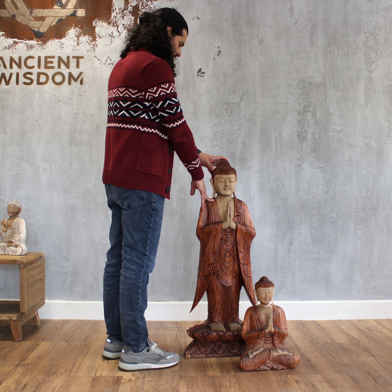 Decorative Wooden Buddha Statue Standing - Whitewash - 1m Welcome - Image 5