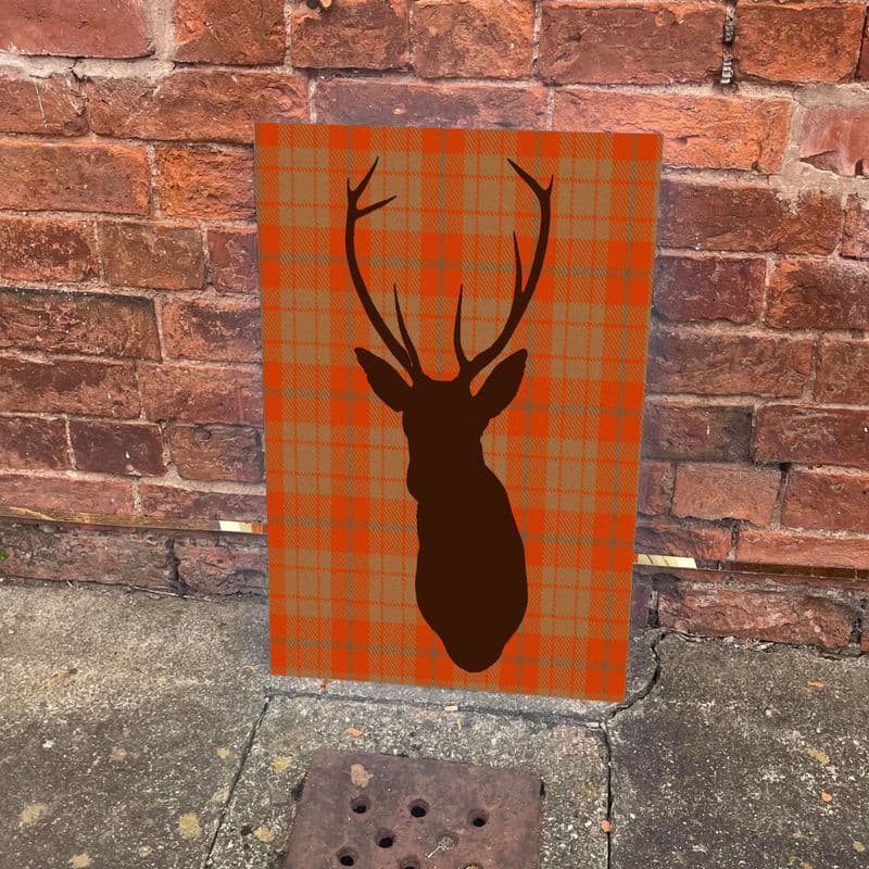 Deer Stag Tartan Orange metal wall sign, 11" x 16"