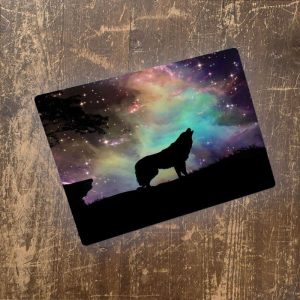 Wolf night starry sky metal wall sign, 11" x 16"