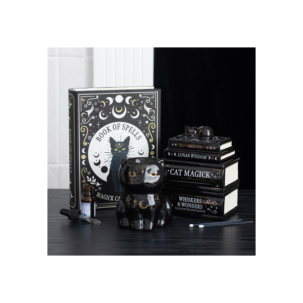 Aromatherapy Black Cat Book Stack Oil Burner with Cat - Image 5
