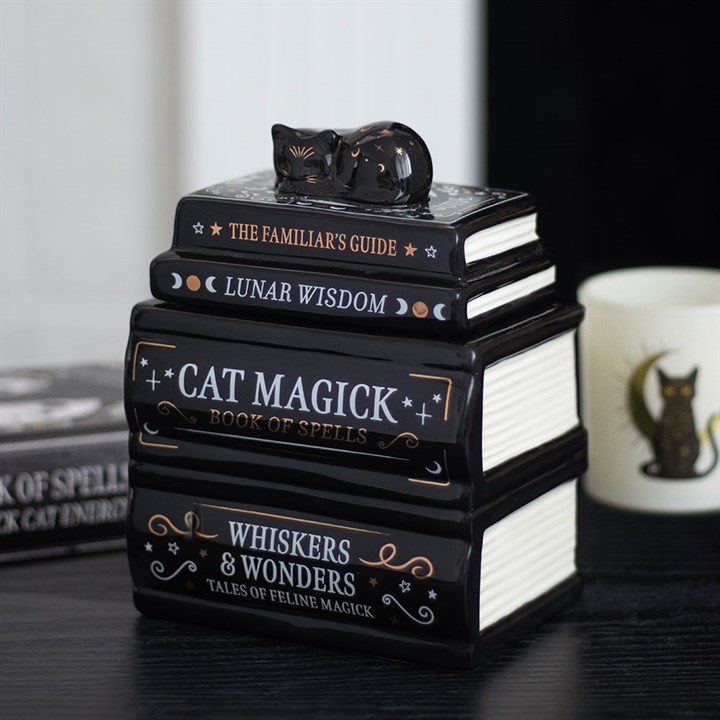 Aromatherapy Black Cat Book Stack Oil Burner with Cat