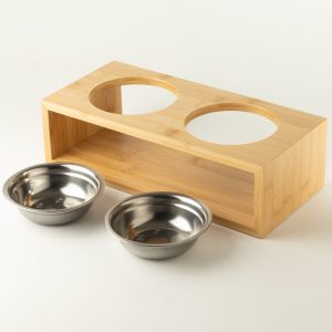 PAW Food Bowls - Large Double Stainless Steel in Wooden Stand