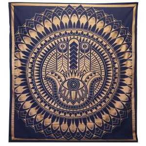 Decorative Double Cotton Bedspread + Wall Hanging - Hamsa - Blue Gold