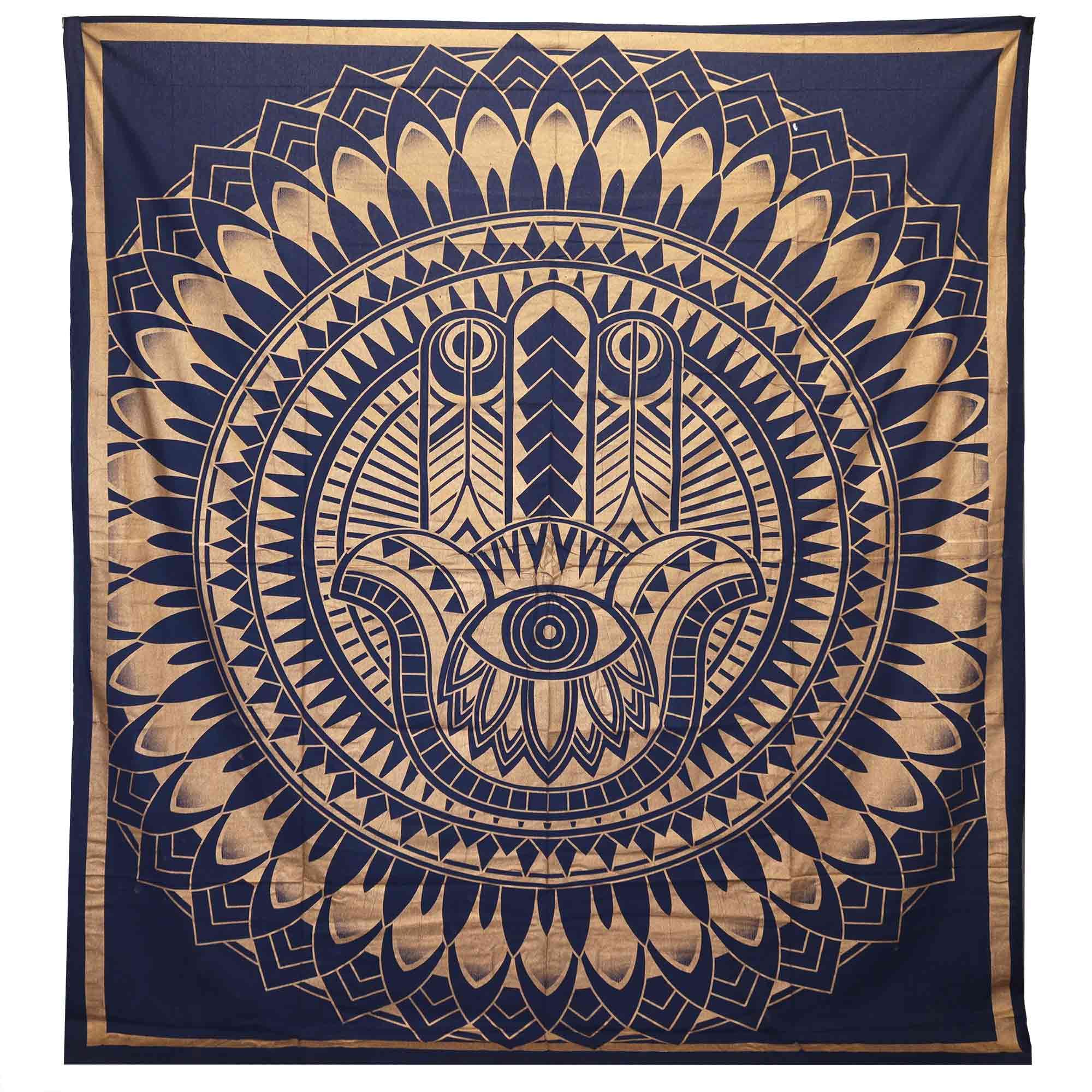 Decorative Double Cotton Bedspread + Wall Hanging - Hamsa - Blue Gold