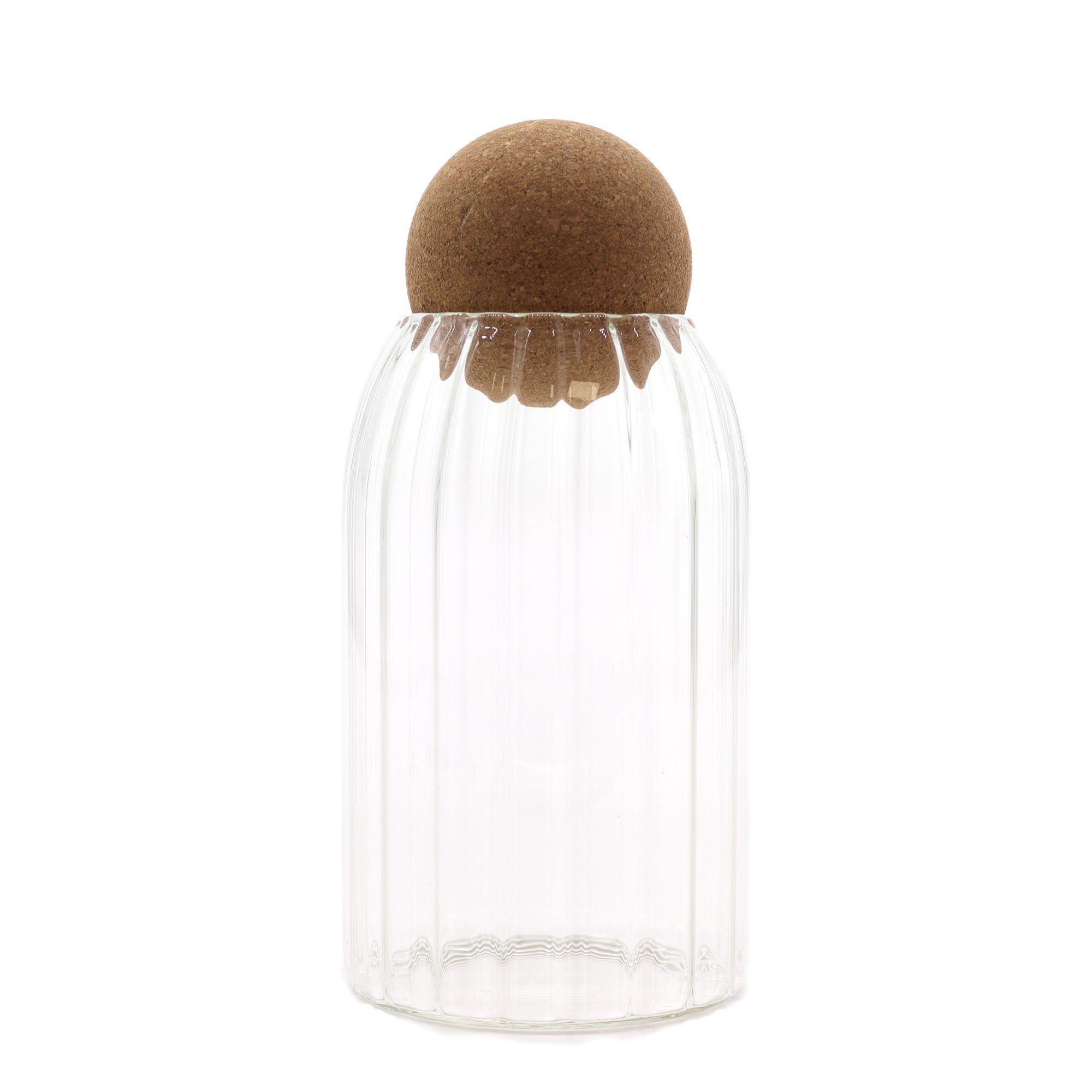 Decorative and Useful Cottage Cork-Ball Glass Jar - Ribbed - 15cm