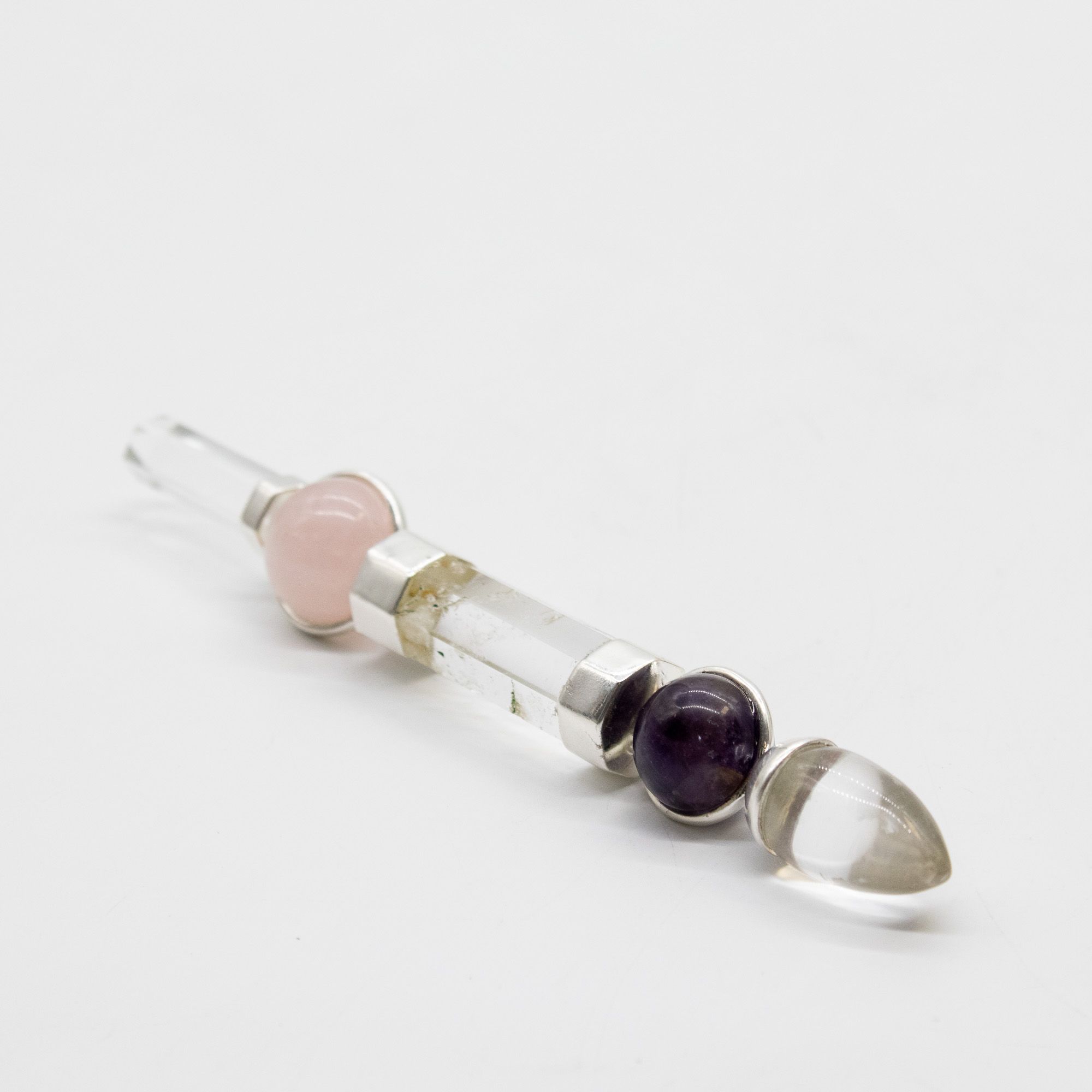 Axis of Grace Wand - Amethyst & Rose Quartz Spheres, Quartz Stem - 12cm - Image 3