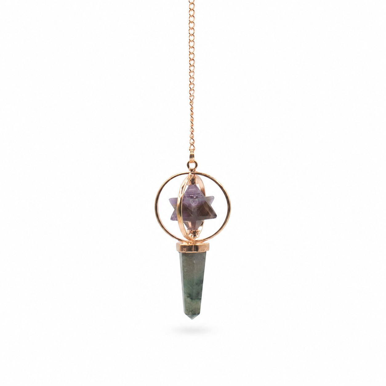 Cosmic Navigator- Two Piece Spinning Merkaba Star in Copper Pendulum - Amethyst & Labradorite