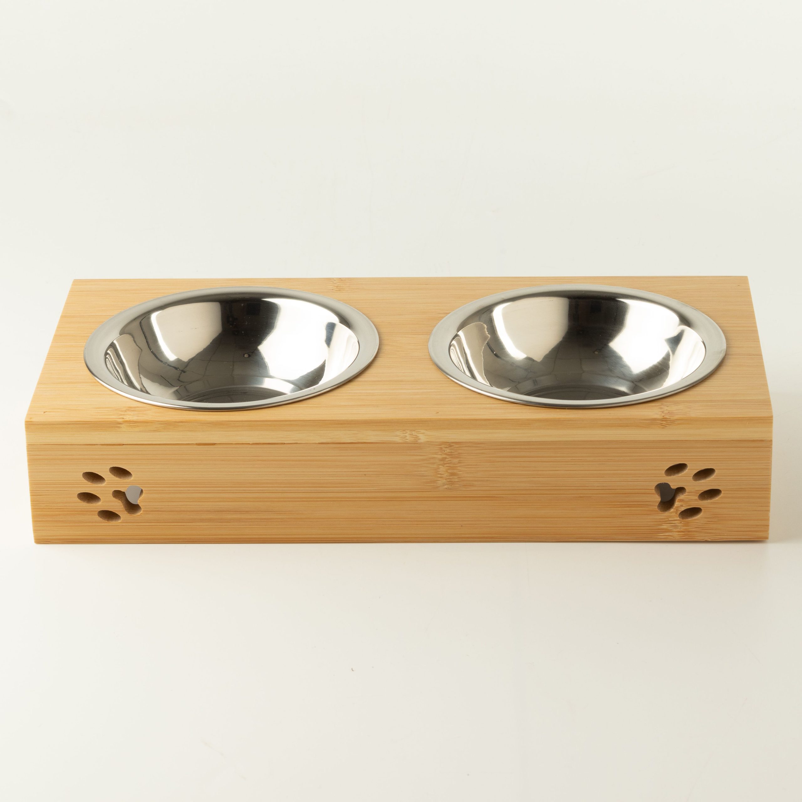 PAW Food Bowls - Double Stainless Steel in Wooden Stand - 2x12cm - Image 2