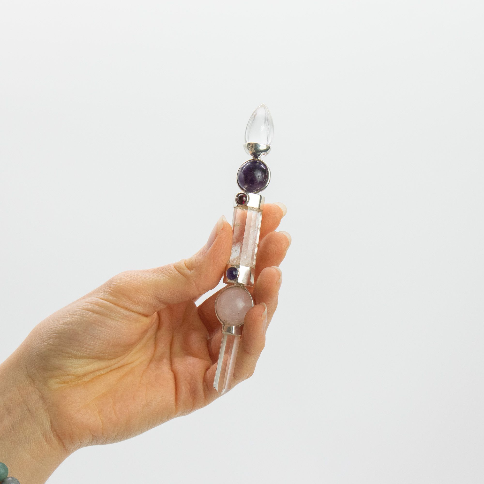 Axis of Grace Wand - Amethyst & Rose Quartz Spheres, Quartz Stem - 12cm - Image 2