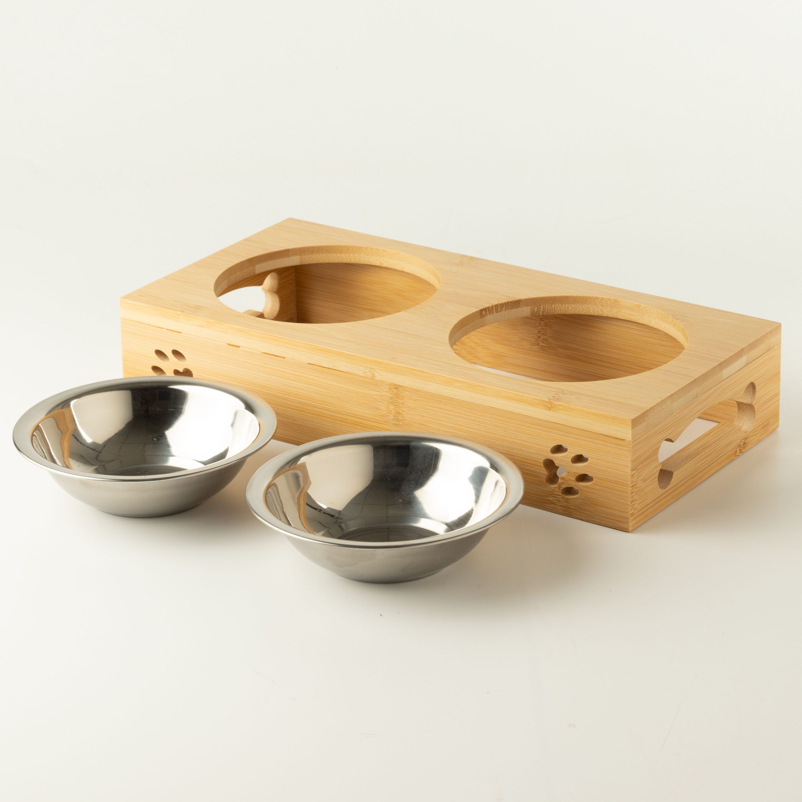 PAW Food Bowls - Double Stainless Steel in Wooden Stand - 2x12cm - Image 3
