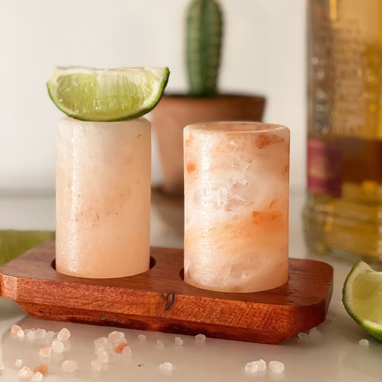 Set of 4 Himalayan Salt Shot Glasses and Wood Serving Stand - Image 2