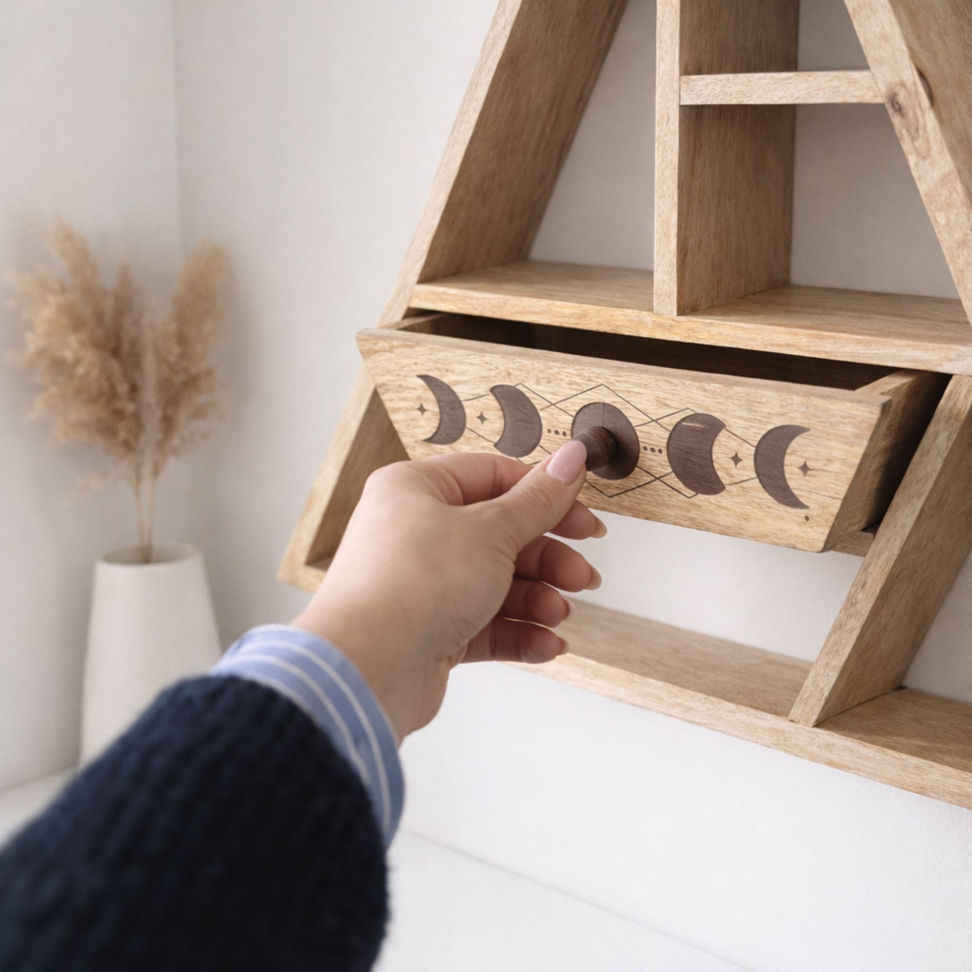 Triangle Shaped Wooden Wall Shelf with Drawer - Image 2