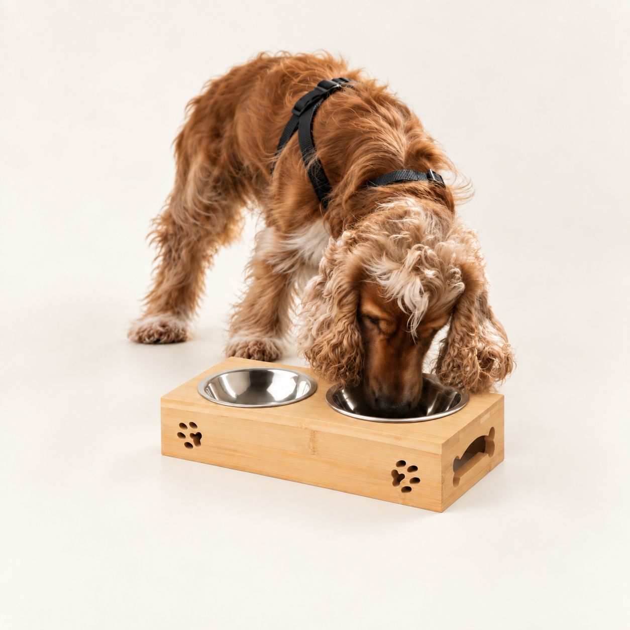 PAW Food Bowls - Double Stainless Steel in Wooden Stand - 2x12cm - Image 4