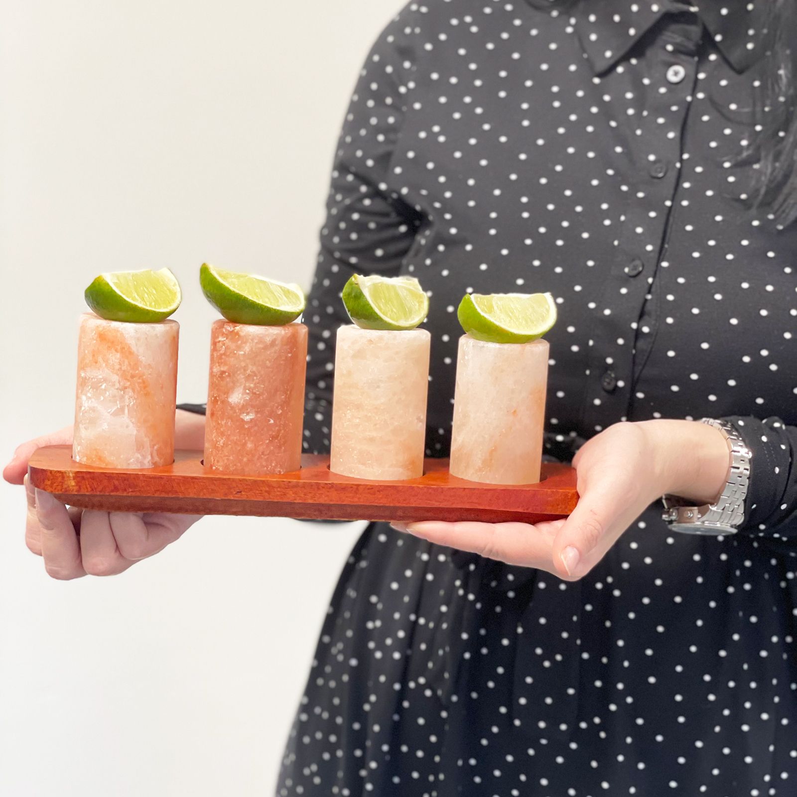 Set of 4 Himalayan Salt Shot Glasses and Wood Serving Stand - Image 5