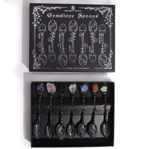 Set of seven Dark Silver Gemstone Crystal Witch Spoons