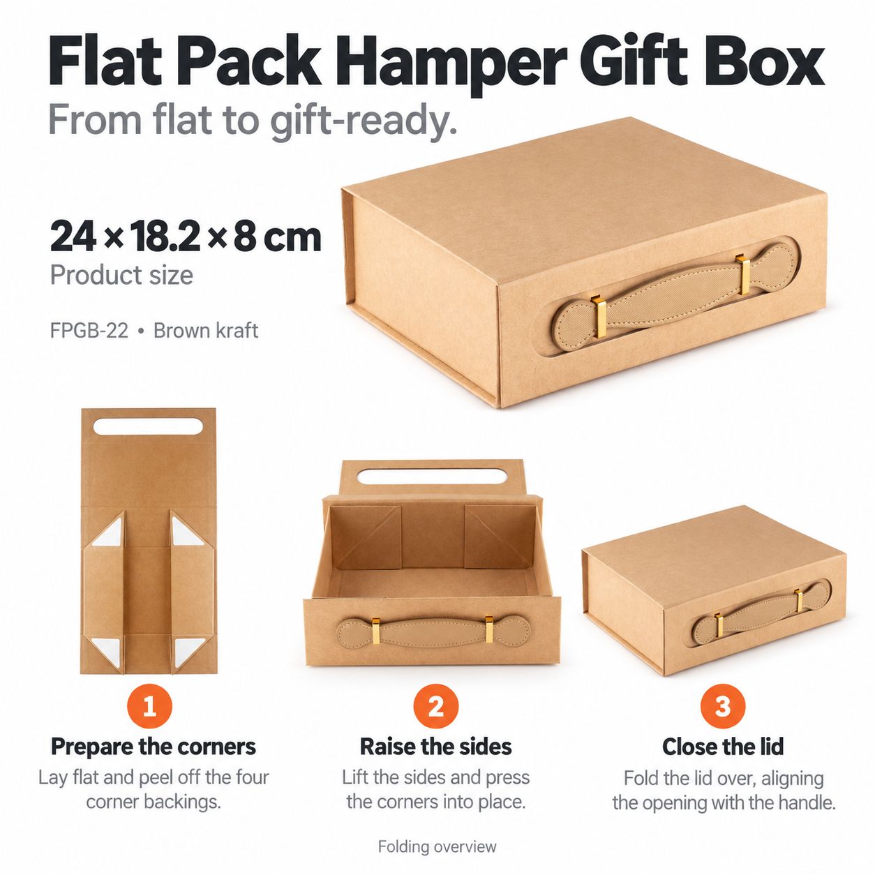 Flat Pack Gift Box - Med Hamper (24x18.2x8cm) - Brown Craft - Image 2
